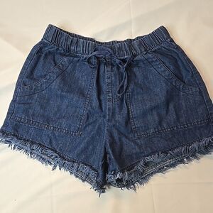 Women's Denim Shorts Medium Blue Elastic Waist Drawstring Fringe Grunge Capsule